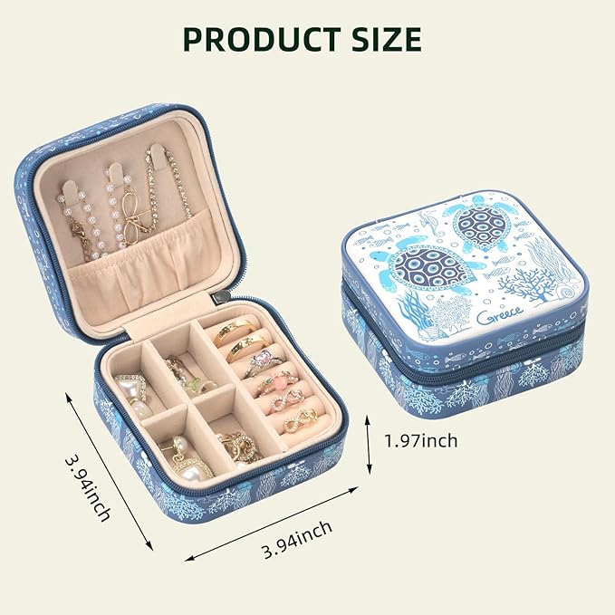 shunmei Mini Travel Jewelry Box,PU Leather Portable Jewelry Organizer Case,Art Accessories Storage Holder Boxes for Earring, Necklace, Rings, Bracelets (Turtle)