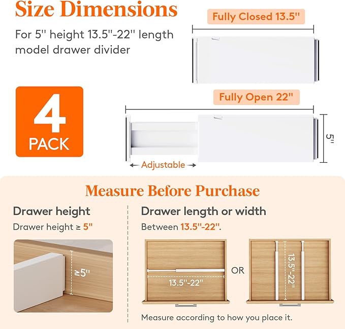 Lifewit 4 Pack 5" High Drawer Dividers 34-56cm/13.5-22" Adjustable Drawer Organizer for Clothes/Utensils, Expandable Drawer Separator in Dresser/Kitchen/Bedroom/Office Organization & Storage White