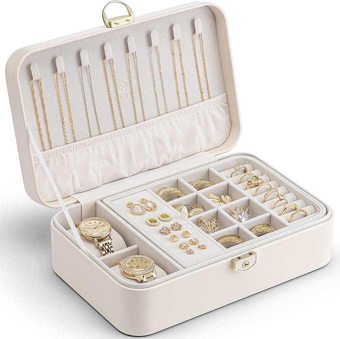 VLANDO 2 Layer Jewelry Box,Jewelry Organizer Storage Lockable Earring Organizer Removable Jewelry Tray with Watch Pillow for Neckable Ring Bracelets-Cream White