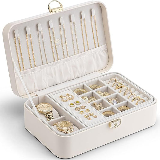VLANDO 2 Layer Jewelry Box,Jewelry Organizer Storage Lockable Earring Organizer Removable Jewelry Tray with Watch Pillow for Neckable Ring Bracelets-Cream White