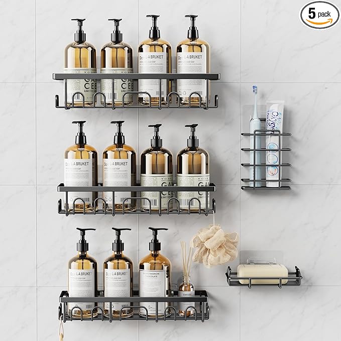 Shower Caddy, 5 Pack Shower Shelves for Inside Bathroom, Rustproof Adhesive Bathroom Organizer with Soap Holder, No Drilling Washroom Organizers and Storage for Bathtub Room/Kitchen/Home, Black