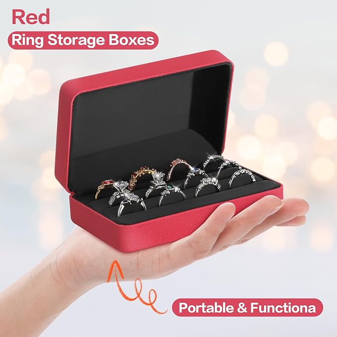 KUKUVR Velet Ring Storage Box for Multiple Rings, Travel Jewelry Ring Stud Earrings Holder Case, 3 Slot Portable Ring Display Organizer Case (Red)