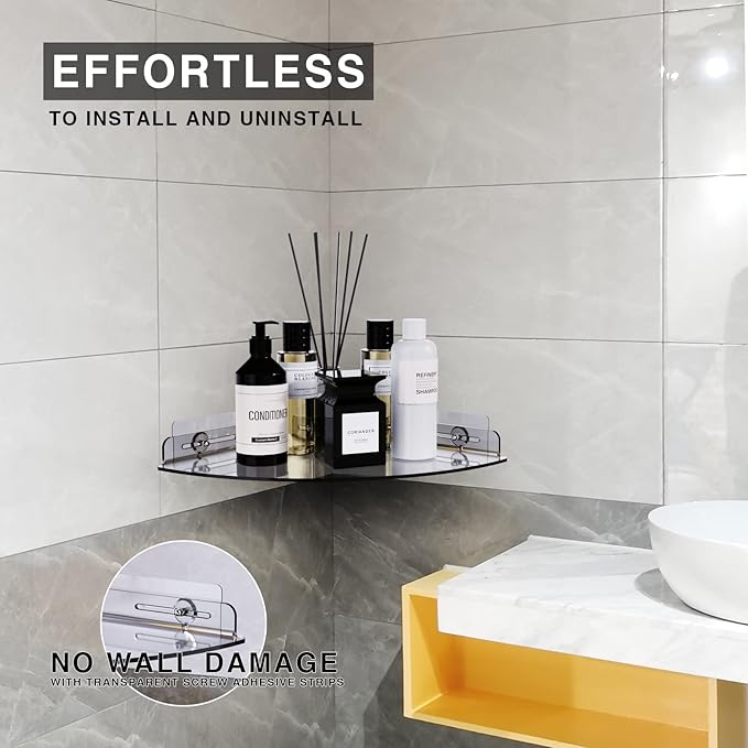 Bakzon Acrylic Corner Shelves, 2 Pack Adhesive Shower Caddy Organizer for Tile Walls, Wall Mounted Clear Bathroom Shelves for Inside Shower & Kitchen Storage