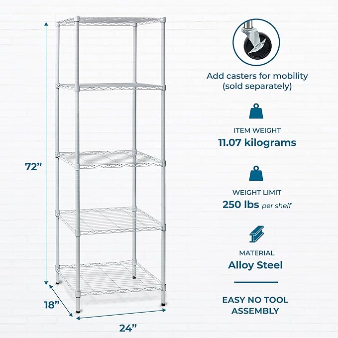 Honey-Can-Do 5-Tier Heavy Duty Adjustable Shelving Unit, 250-lb Per Shelf NSF Certified Metal Storage Rack, White Wire Shelf for Laundry Kitchen Pantry, 24 x 18 x 72 in