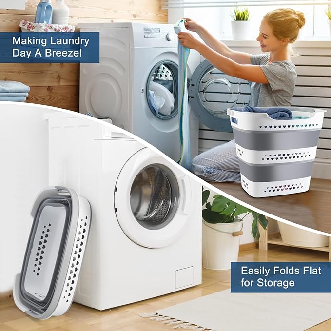 Collapsible Laundry Baskets Foldable Pop Up Laundry Hamper Plastic with Comfort Handles Folding Laundry Basket Space Saving Portable Dirty Clothes Hamper Storage Container/Organizer (Grey, 2 Packs)