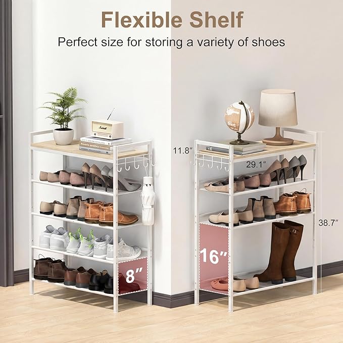 Refrze Shoe Rack for Front Door Entrance, 5 Tier Height-Adjustable Metal Shoe Rack, Sturdy Wooden Top and Tiltable Steel Frame Heavy Duty Shoe Organizer for Bathroom,Bedroom,Kitchen，Include Hook