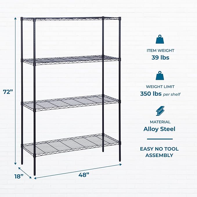 Honey-Can-Do 4-Tier Heavy Duty Extra-Wide Adjustable Shelving Unit, 350-lb Per Shelf Metal Storage Rack, Wire Shelf for Garage Workshop Basement, Black, 48 x 18 x 72 in