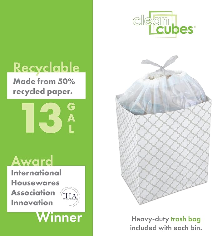 Clean Cubes 13 Gallon Disposable Pop-Up Trash Cans (3-Pack) with Fitted Bags – Foldable Garbage & Recycling Bins for Parties, Events & Kitchen (Trellis, 17" H x 13.5" W x 10" D)