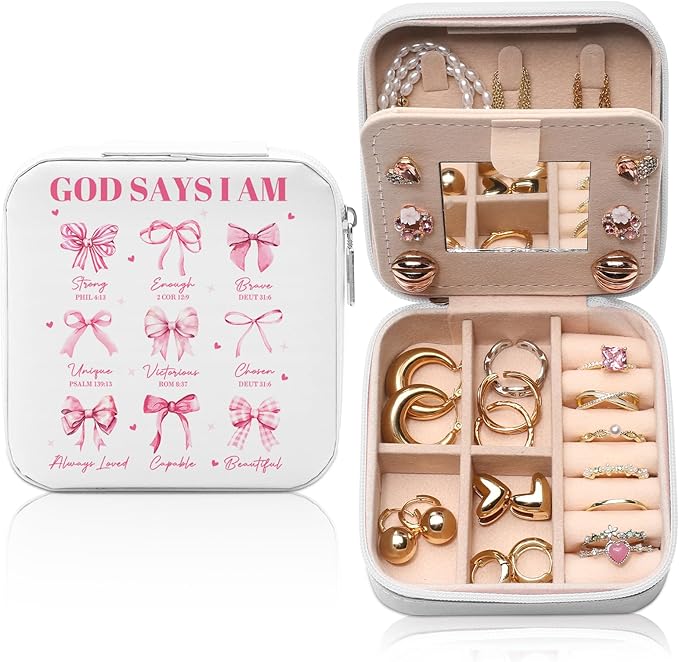 GAOLZIUY Christian Gifts for Women Girls, Pink Bow Travel Jewelry Box, Coquette Preppy Bible God Portable Jewelry Organizer Case, Inspirational Religious Spiritual Catholic Faith Prayer Gifts
