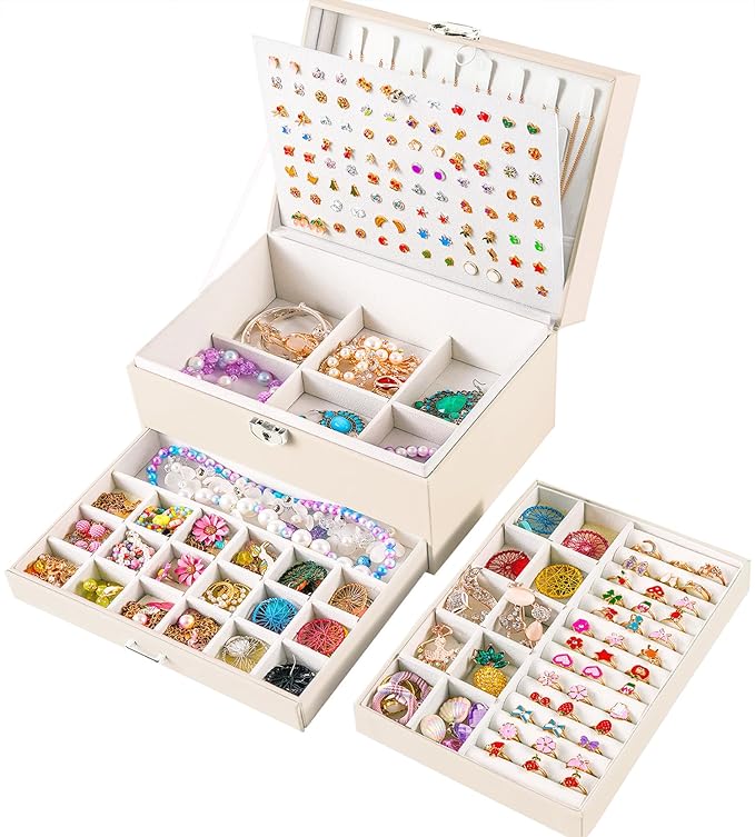 QBestry Earrings Jewelry Box for Girls, 5 Layers Jewelry Organizer with Earring Holder Organizer for Girls Earring Organizer Jewelry Boxes for Women Earrings and Necklaces Jewelry Box Organizer Beige