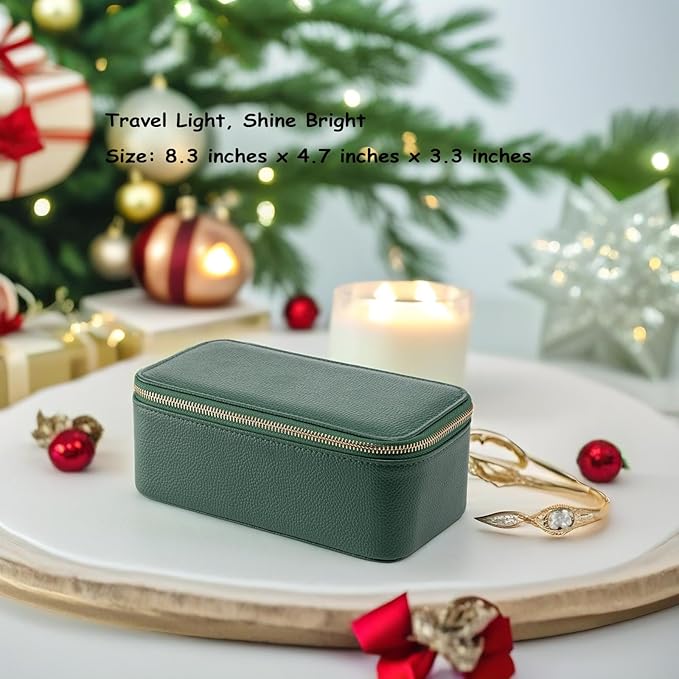 VLANDO Travel Jewelry Box Organizer – Portable PU Leather Jewelry Case with 6/8/12 Zippered Pouches, Compact Storage for Earrings Rings Necklaces Bracelets, Dark Green