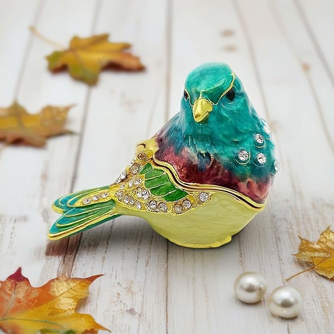 Turquoise Green Bird Trinket Boxes Hinged,Bird Decor with Crystals Enamel Jewelry Box.Necklace Ring Box Earrings Storage.Collectible Birds Lover Gifts Figurines Home Decor