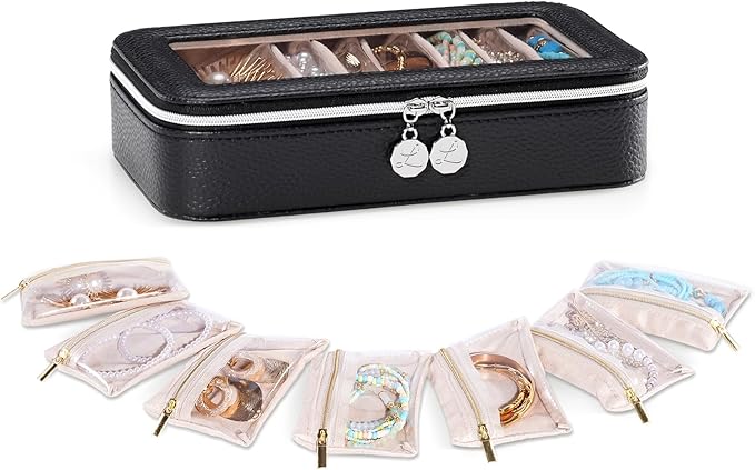 Lolalet 8 in 1 Travel Jewelry Case with Velvet Pouches, Clear Window Travel Jewelry Organizer Bags for Earrings, Bracelets, Necklaces and Rings, Compact Jewelry Storage for Women Girls- Black, 7PCS