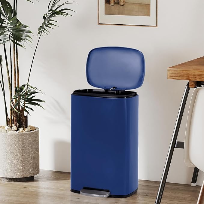 FDW | 13 Gallon Trash Can with Lid | Deep Blue | Fingerprint-Proof | Made of Brushed Stainless Steel | Soft-Close Step Pedal | Hands-Free Use | Easy to Clean | for Kitchen, Office, Bathroom