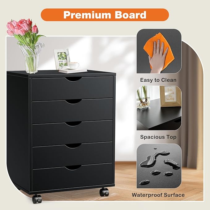 5 Drawer Mobile File Cabinet Under Desk Storage Organization with Wheels Vertical Filing Chest Rolling Wood Small Desk Printer Stand for Home Office, Black