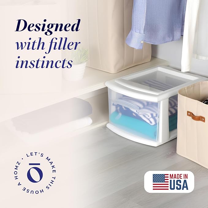 HOMZ 2-Pack 1-Drawer Storage Cart, Clear Plastic Container, 14.25" Wide Medium, White Frame - Organizing Drawer Containers for Home, Bathroom, Bedroom, Office, and Classroom