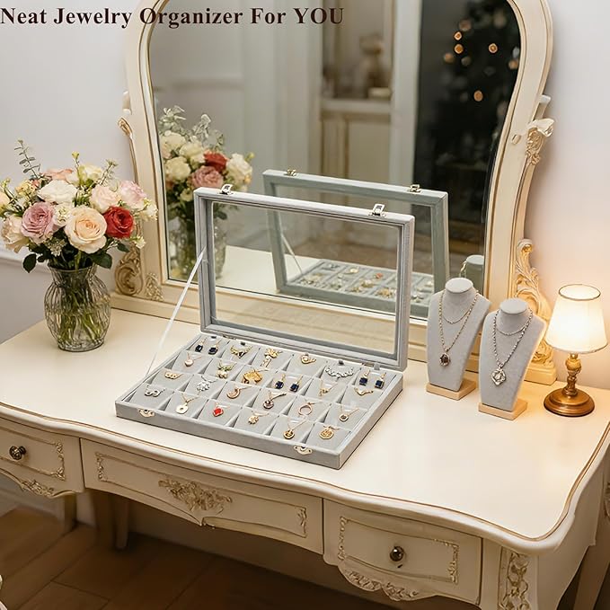 Jewelry Box Necklace Organizer Tray (Grey) Necklace Display Case for Storage Jewelry Display Stand 24 Slot Pendant Holder for Women