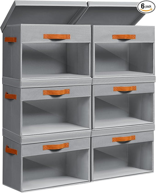 Homsorout Large Storage Bins with Lids - 6 Pack Foldable Decorative Organizers with Clear Windows & Handles, Cube Storage Organizers for Clothes, Blankets, Sweaters, CD, Grey