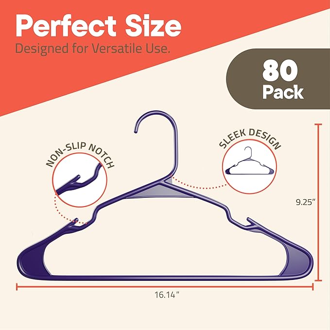 Purple Plastic Hangers 80 Pack– Heavy-Duty Plastic Hangers Slim and Space-Saving, Durable and Lightweight with Non-Slip Shoulder Notches for Slip Dresses, Suits, Jackets & Camisoles