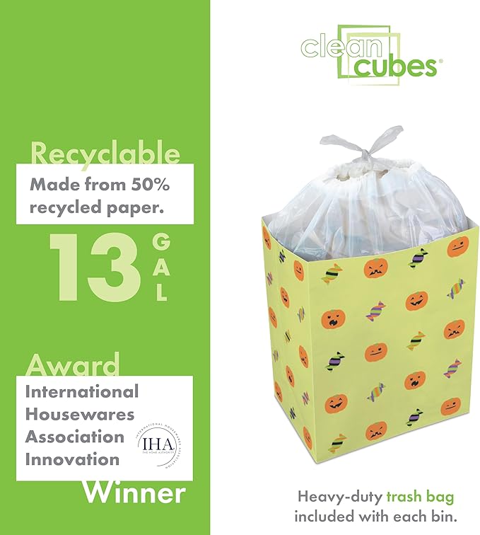 Clean Cubes 13 Gallon Disposable Pop-Up Trash Cans (3-Pack) with Fitted Bags – Foldable Garbage & Recycling Bins for Parties, Events & Kitchen (Halloween, 17" H x 13.5" W x 10" D)
