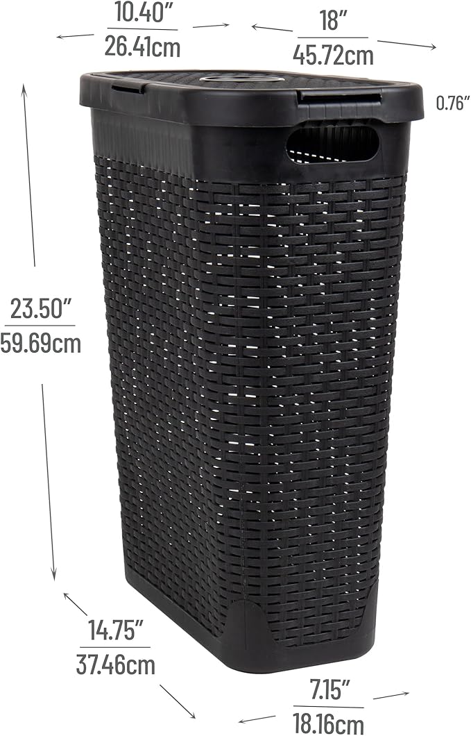 Mind Reader Slim Laundry Hamper with Lid, 40L Clothes Basket, Narrow Tapered Design with Ventilated Cutout Pattern, Plastic, Set of 2, Black