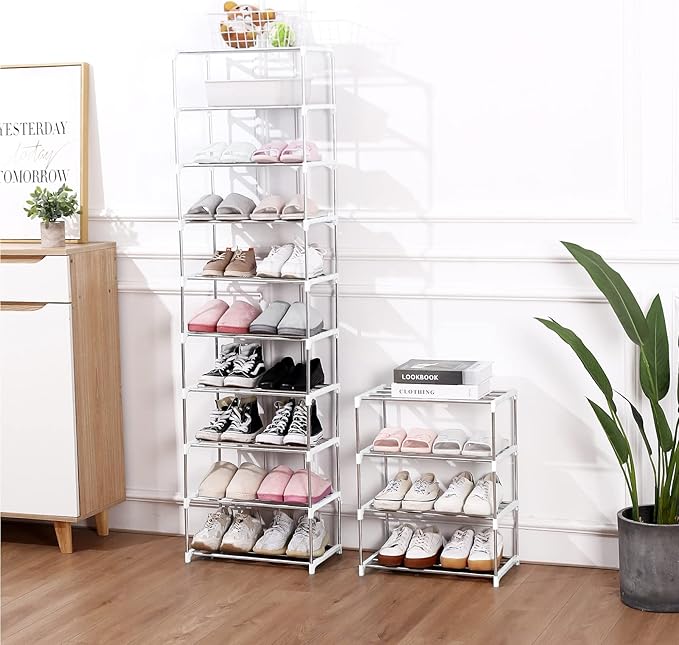 Jucaifu Stackable Small Shoe Rack, Entryway, Hallway and Closet Space Saving Storage and Organization (4-Tier, White)