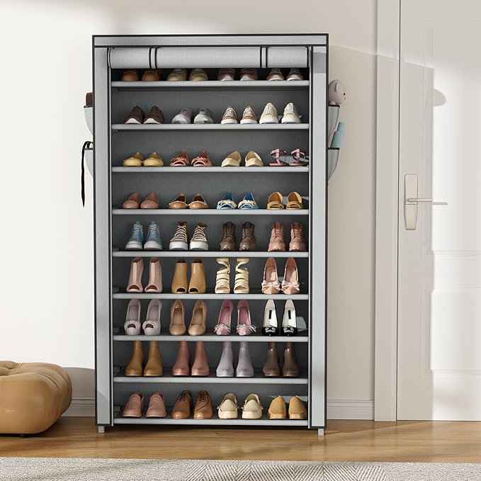 VILICK Shoe Rack with Cover Narrow Shoe Organizer with Pockets 10 Tier Tall Shoe Storage Holds 36-41 Pairs Shoes and Boots Shoe Rack for Closet Entryway Garage, Grey