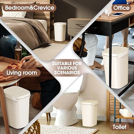 CEROELDA 3 Pack Bathroom Trash Can with Lid, 10L/2.6 Gal Small Garbage Can with Press Top Lid, Slim Plastic Waste Basket for Toilet, Office, Bedroom (Beige)
