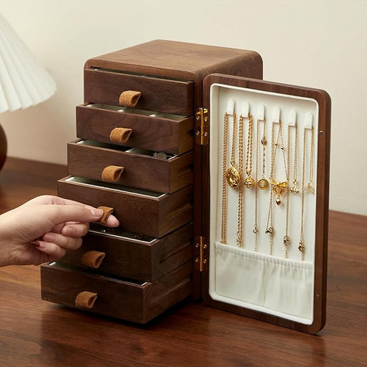 Black Walnut Solid Wood Cabinet Jewelry Box for Women, Large Velvet Lined Organizer with 6 Drawers, Cherry Wood Cat Inlays, Rosewood Handles, Gift for Her