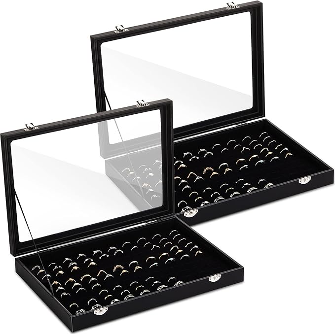 Yinkin 2 Pcs 100 Slots Ring Organizer Box with Transparent Glass Lid Necklace Display Tray Ring Case Velvet Jewelry Holder(Ring)