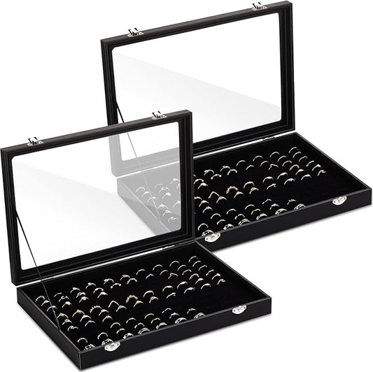 Yinkin 2 Pcs 100 Slots Ring Organizer Box with Transparent Glass Lid Necklace Display Tray Ring Case Velvet Jewelry Holder(Ring)