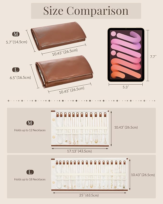 Lolalet Travel Necklace Organizer, Tangle-Free Necklace Case for Travel, Leather Foldable Roll Up Jewelry Storage Bag for Necklaces Chains Bracelets, Mothers Day Gift