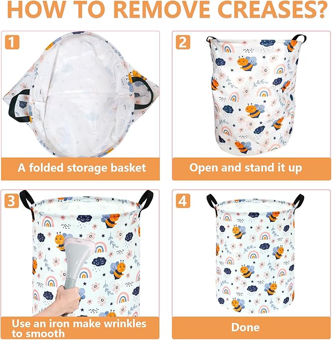 MAIZMZ Rainbow Bee Print Canvas Laundry Basket,Waterproof Storage Bin with Handles 15.7" D×19.7" H Foldable Toy Organizer Decor Gift Basket for Kids' Bedroom & Home Organization