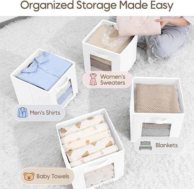 Homsorout Storage Cube 11 Inch - Cube Storage Bins with Window, Closet Storage Baskets with Handle, Fabric Bins for Closet, Shelves, Toys, Clothes, Set of 12, White