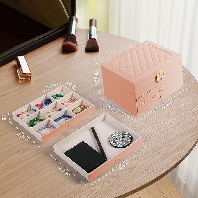 coobest 3 Layer Jewelry Box, Jewelry Holder with Lockable Drawer, Large Jewelry Boxes & Organizer with Velvet Earring Holder, Gifts for Mom Women