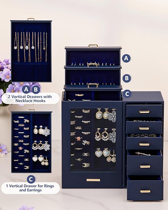 Homde Large Jewelry Box/Organizer/Case with Glass Window, Drawers for Necklaces Earrings Rings Bracelets Watches Gift for Women Girls