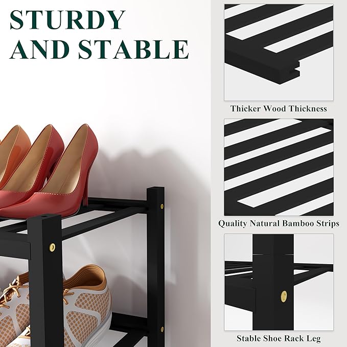 Smiry Bamboo Shoe Rack for Closet, 4 Tier Small Wooden Stackable Shoe Organizer, Free Standing Shoes Storage Shelf for Entryway, Front Door Entrance, Black
