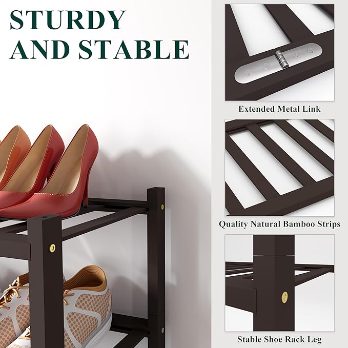 Smiry Bamboo Shoe Rack for Closet, 2 Tier Long Wooden Stackable Shoe Organizer, Free Standing Shoes Storage Shelf for Entryway, Front Door Entrance, Brown
