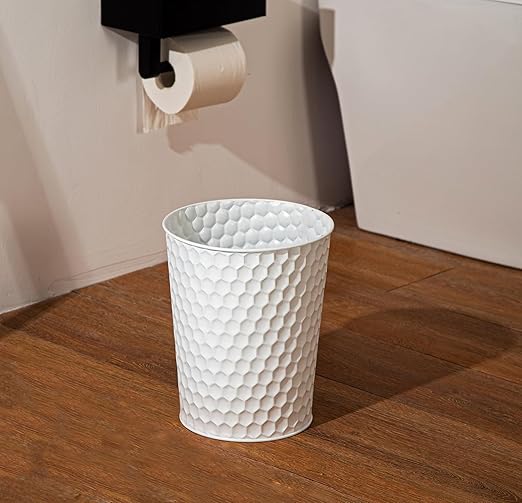 Venalys Small Metal Trash Can Wastebasket, Decorative Honeycomb Garbage Can Waste Basket, Modern Farmhouse Round Trash Bin for Bathroom, Bedroom, Kitchen and Office (White)