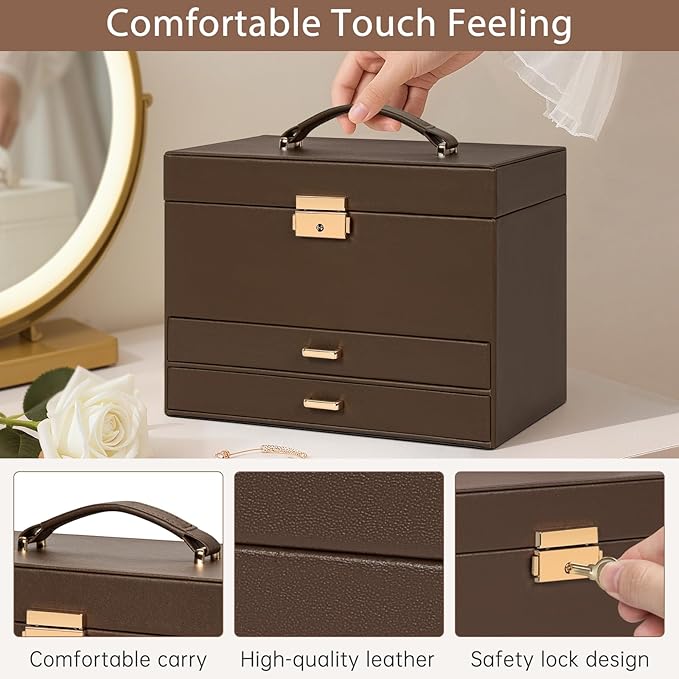 AKOZLIN Travel Jewelry Box Organizer Functional 2-trays Leather Jewelry Storage Case with Lockable Portable 2 Drawers for Women Girls Ring Necklace Earring Bracelet