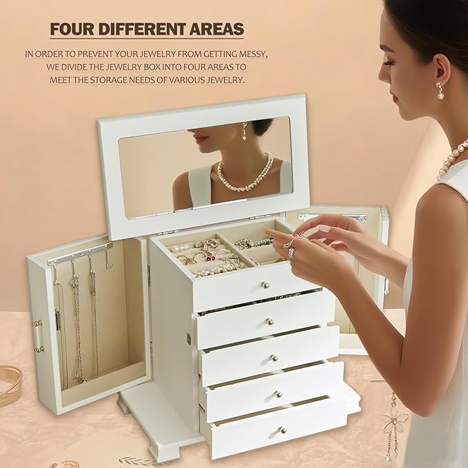 White 5 Layer Huge Jewelry Box,Top With Mirror Wooden Jewelry Organizer Box,With 8 Hook And Velvet Lining Antique Jewelry Box For Women,For Watch Necklace Ring Earring Storage Gifts
