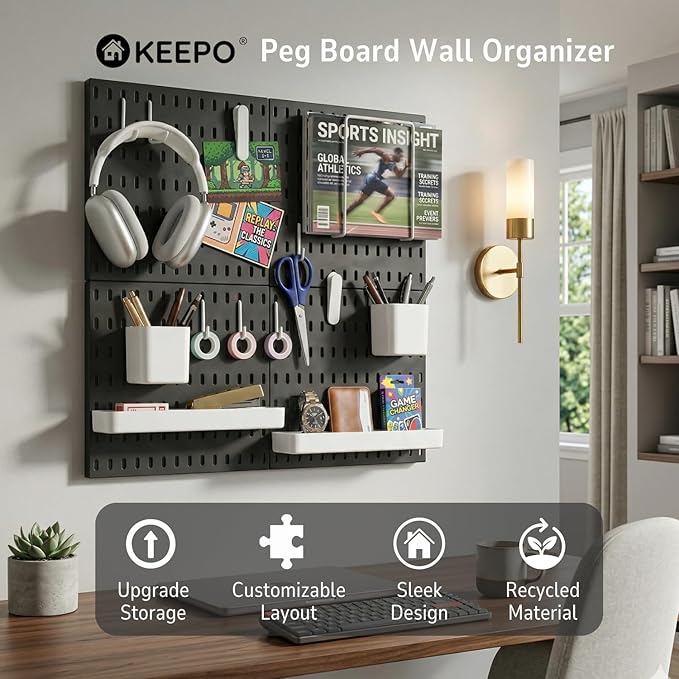 Keepo Peg Board Wall Organizer – Plastic Pegboard Panels, Modular Peg Board Storage System for Home Office, Craft Room, Gaming Setup (Black, 22″×22″)