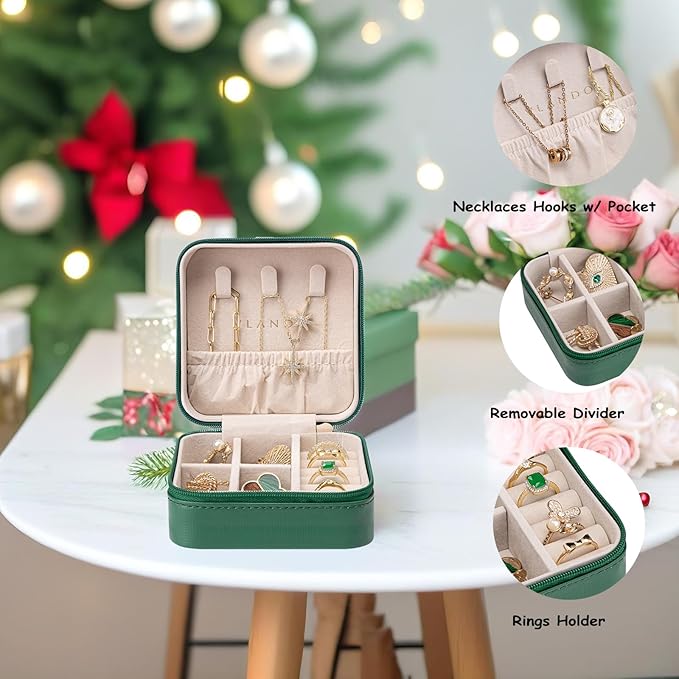 Vlando Small Travel Jewelry Box Organizer Display Storage Case for Girls Women Gift Rings Earrings Necklaces, Dark Green