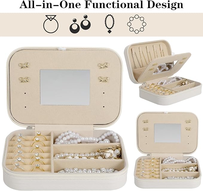 2-Pack PU Leather Travel Jewelry Organizer Cases with Mirror for Women, Portable Velvet Jewelry Box Set for Earrings, Rings, Necklace, Bracelet - Luxury Gift Set (Beige)