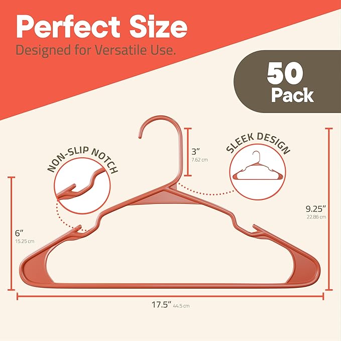 Plastic Clothes Hangers – Heavy Duty Hanger Set, for Organizing Clothes, Dresses, and Coat, Holds Up to 5 lbs, Space-Saving Hangers with Non-Slip Shoulder Grooves, Pack of 50, Brown