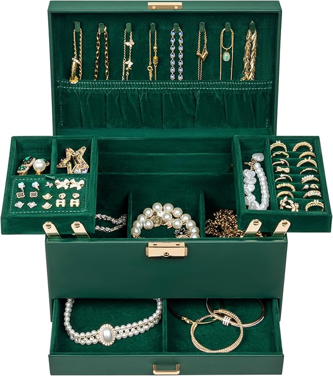 AKOZLIN Travel Jewelry Box Organizer Functional 2-trays Leather Jewelry Storage Case with Lockable Portable Drawer for Women Girls Ring Necklace Earring Bracelet