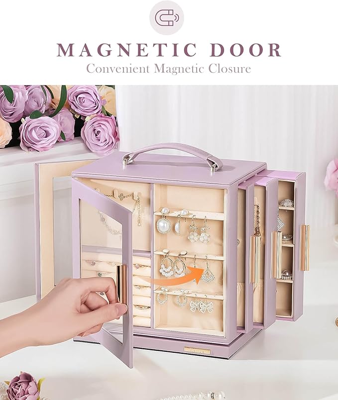 Homde Jewelry Box 360° Rotating, Necklace Earring Organizer with Transparent Window, Mirror, 7 Drawers, Large Ring Display Storage Case for Girls Women (Grey Purple)