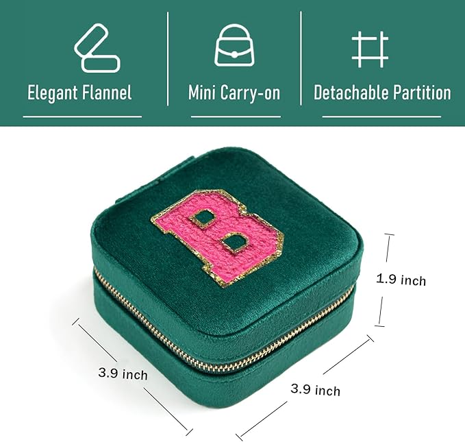 Personalized Velvet Travel Jewelry Case Box For Women Ring Necklace Earring Holder Organizer with Mirror Green Girls Box Birthday Gifts Mom Initial B