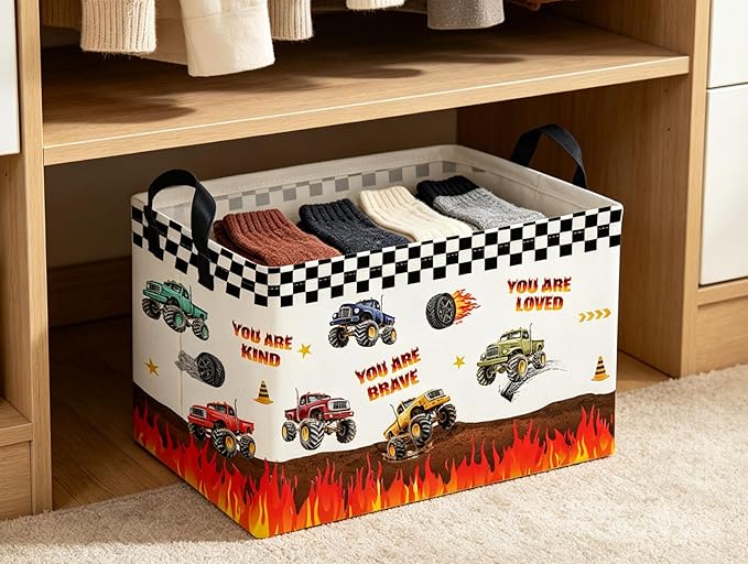 Rectangular Kids Baskets Monster Truck Basket Cute Storage Bins Organizer Box Boys Room Decor for Home.(Flame Racing)