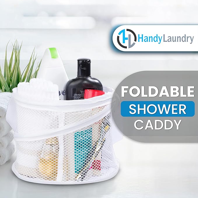 Handy Laundry Portable Shower Caddy – Collapsible Mesh Organizer with Handle, Quick Dry Drainage, Large Compartments for Dorm, Gym, Travel, College Essentials, White